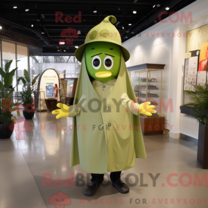 Mascot character of a Olive Steak dressed with a Raincoat and Hat pins