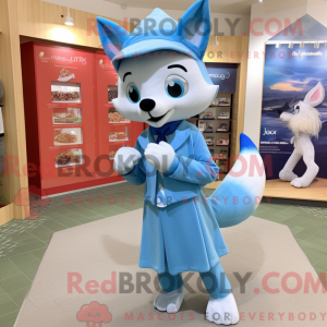 Mascot character of a Sky Blue Fox dressed with a Wrap Dress and Brooches