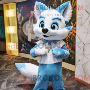 Mascot character of a Sky Blue Fox dressed with a Wrap Dress and Brooches