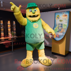 Mascot character of a Yellow Green Beer dressed with a Henley Tee and Foot pads