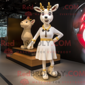 Mascot character of a Cream Reindeer dressed with a Mini Skirt and Anklets