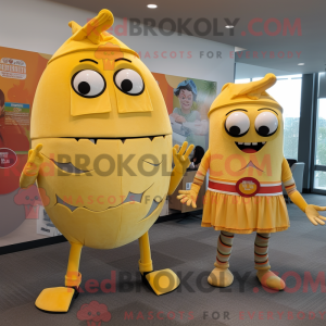 Mascot character of a Yellow Tacos dressed with a Mini Skirt and Ties