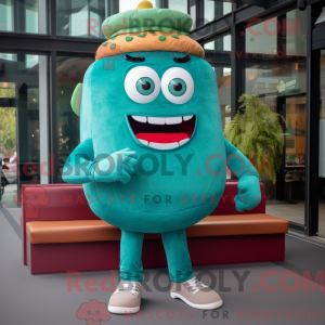Mascot character of a Teal Hamburger dressed with a Bootcut Jeans and Anklets