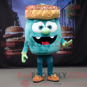Mascot character of a Teal Hamburger dressed with a Bootcut Jeans and Anklets