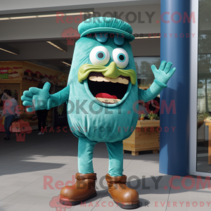 Mascot character of a Teal Hamburger dressed with a Bootcut Jeans and Anklets