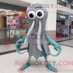 Mascot character of a Gray Squid dressed with a A-Line Dress and Scarf clips