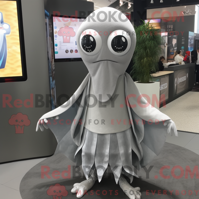 Mascot character of a Gray Squid dressed with a A-Line Dress and Scarf clips