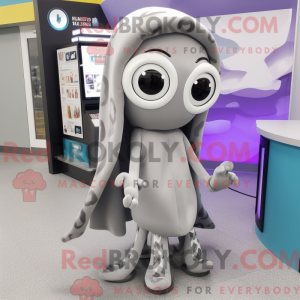 Mascot character of a Gray Squid dressed with a A-Line Dress and Scarf clips
