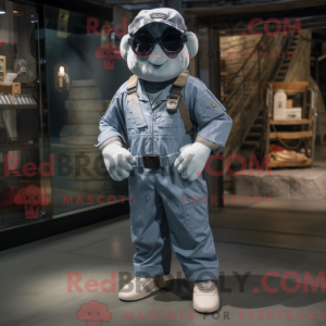 Mascot character of a Silver Marine Recon dressed with a Dungarees and Sunglasses