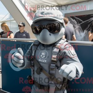 Mascot character of a Silver Marine Recon dressed with a Dungarees and Sunglasses