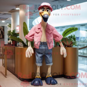 Mascot character of a Beige Flamingo dressed with a Denim Shorts and Ties