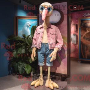 Mascot character of a Beige Flamingo dressed with a Denim Shorts and Ties