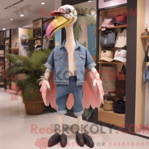 Mascot character of a Beige Flamingo dressed with a Denim Shorts and Ties
