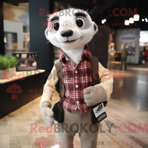Mascot character of a White Meerkat dressed with a Flannel Shirt and Clutch bags