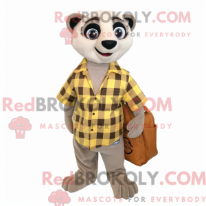 Mascot character of a White Meerkat dressed with a Flannel Shirt and Clutch bags