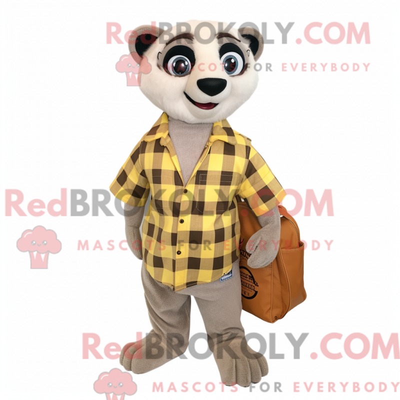 Mascot character of a White Meerkat dressed with a Flannel Shirt and Clutch bags