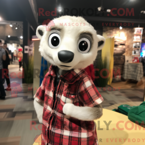 Mascot character of a White Meerkat dressed with a Flannel Shirt and Clutch bags