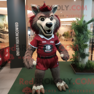 Mascot character of a Maroon Hyena dressed with a Rugby Shirt and Caps