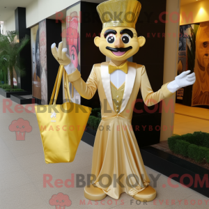 Mascot character of a Gold Stilt Walker dressed with a Evening Gown and Tote bags
