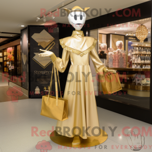 Mascot character of a Gold Stilt Walker dressed with a Evening Gown and Tote bags