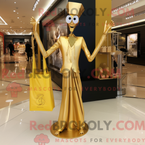 Mascot character of a Gold Stilt Walker dressed with a Evening Gown and Tote bags