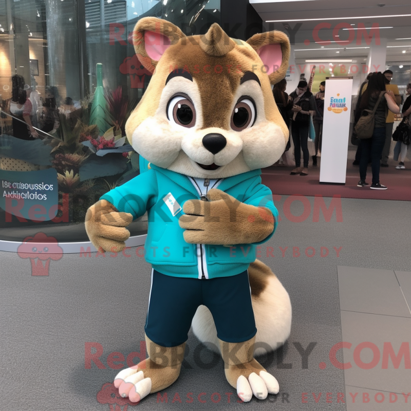 Mascot character of a Turquoise Chipmunk dressed with a Cardigan and Shoe clips