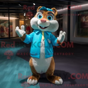 Mascot character of a Turquoise Chipmunk dressed with a Cardigan and Shoe clips