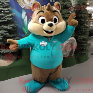 Mascot character of a Turquoise Chipmunk dressed with a Cardigan and Shoe clips