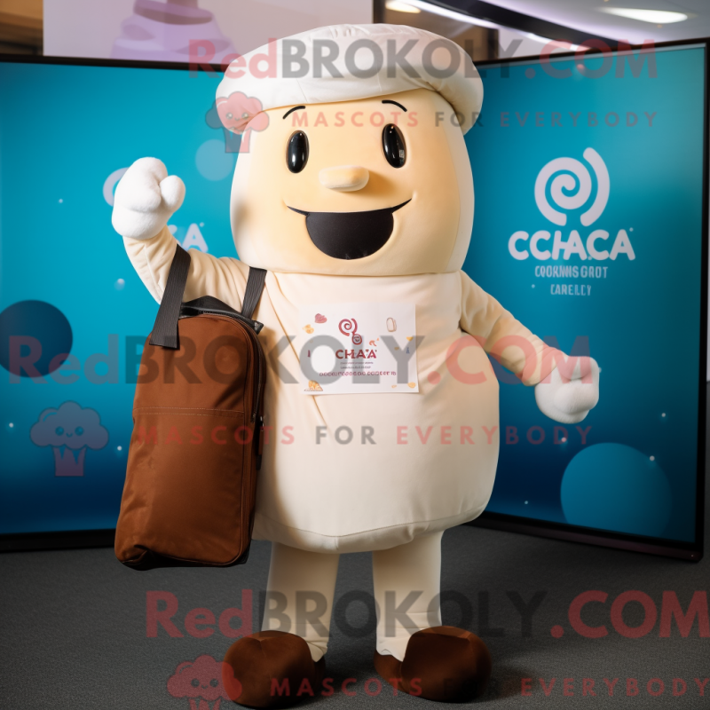 Mascot character of a Cream Ice Cream dressed with a Chinos and Tote bags
