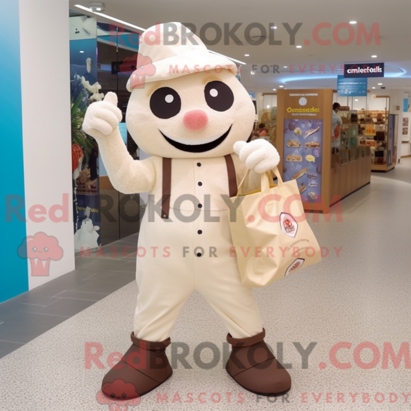 Mascot character of a Cream Ice Cream dressed with a Chinos and Tote bags