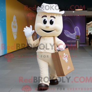 Mascot character of a Cream Ice Cream dressed with a Chinos and Tote bags