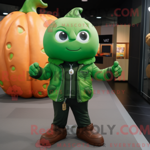 Mascot character of a Green Pumpkin dressed with a Leather Jacket and Smartwatches