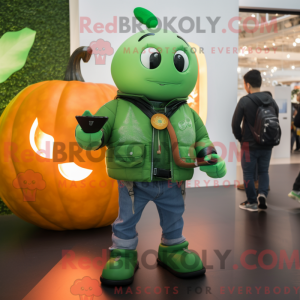 Mascot character of a Green Pumpkin dressed with a Leather Jacket and Smartwatches