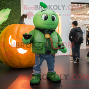 Mascot character of a Green Pumpkin dressed with a Leather Jacket and Smartwatches