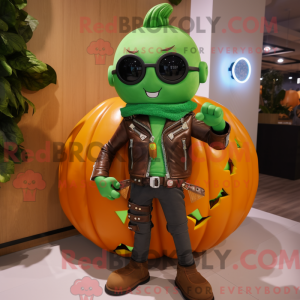 Mascot character of a Green Pumpkin dressed with a Leather Jacket and Smartwatches