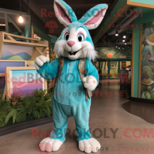 Mascot character of a Turquoise Rabbit dressed with a Maxi Dress and Suspenders