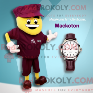 Mascot character of a Maroon Wrist Watch dressed with a One-Piece Swimsuit and Pocket squares