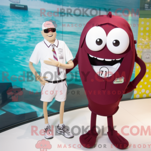 Mascot character of a Maroon Wrist Watch dressed with a One-Piece Swimsuit and Pocket squares
