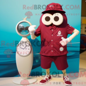 Mascot character of a Maroon Wrist Watch dressed with a One-Piece Swimsuit and Pocket squares