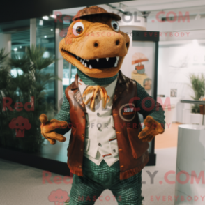 Mascot character of a Rust Crocodile dressed with a Jacket and Wallets