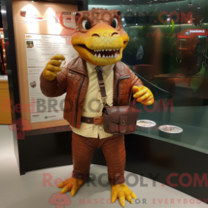 Mascot character of a Rust Crocodile dressed with a Jacket and Wallets