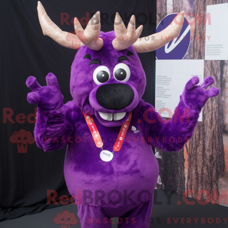 Mascot character of a Purple Reindeer dressed with a Suit Pants and Bracelets