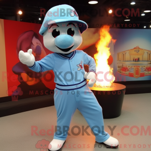 Mascot character of a Sky Blue Fire Eater dressed with a Baseball Tee and Berets