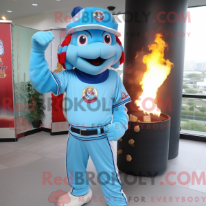 Mascot character of a Sky Blue Fire Eater dressed with a Baseball Tee and Berets