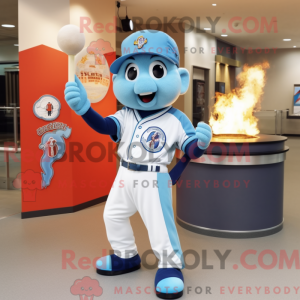 Mascot character of a Sky Blue Fire Eater dressed with a Baseball Tee and Berets
