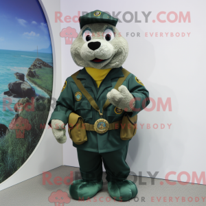 Mascot character of a Green Navy Seal dressed with a Jacket and Coin purses