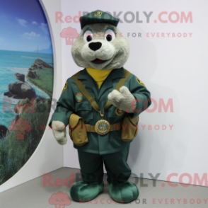 Mascot character of a Green Navy Seal dressed with a Jacket and Coin purses