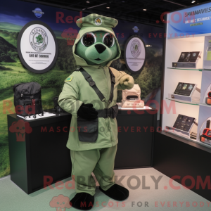 Mascot character of a Green Navy Seal dressed with a Jacket and Coin purses