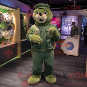 Mascot character of a Green Navy Seal dressed with a Jacket and Coin purses