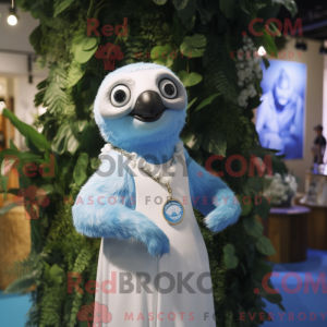 Mascot character of a Blue Sloth dressed with a Wedding Dress and Bracelet watches